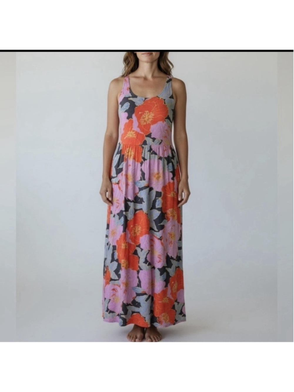 Ann Taylor LOFT Dress Womens 14 Purple Orange Floral Maxi Strappy Lined Summer